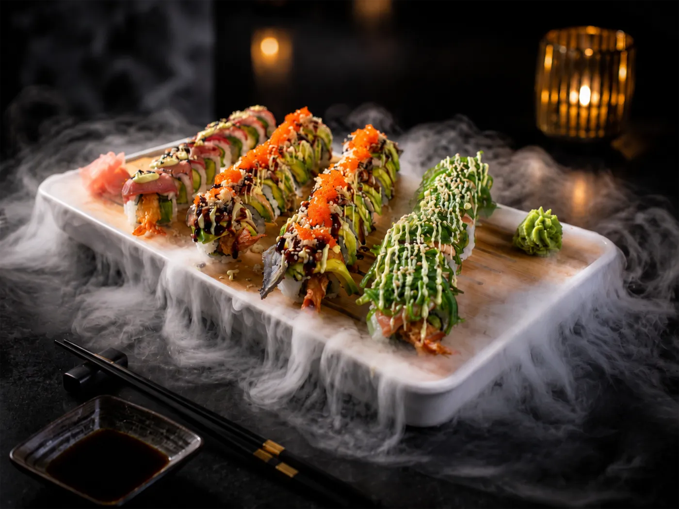Uramaki rol met avocado en tobiko